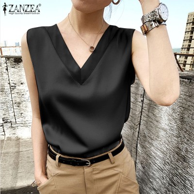 Celmia ZANZEA女式无袖缎面丝绸上衣衬衫纯色OL办公商务背心#11